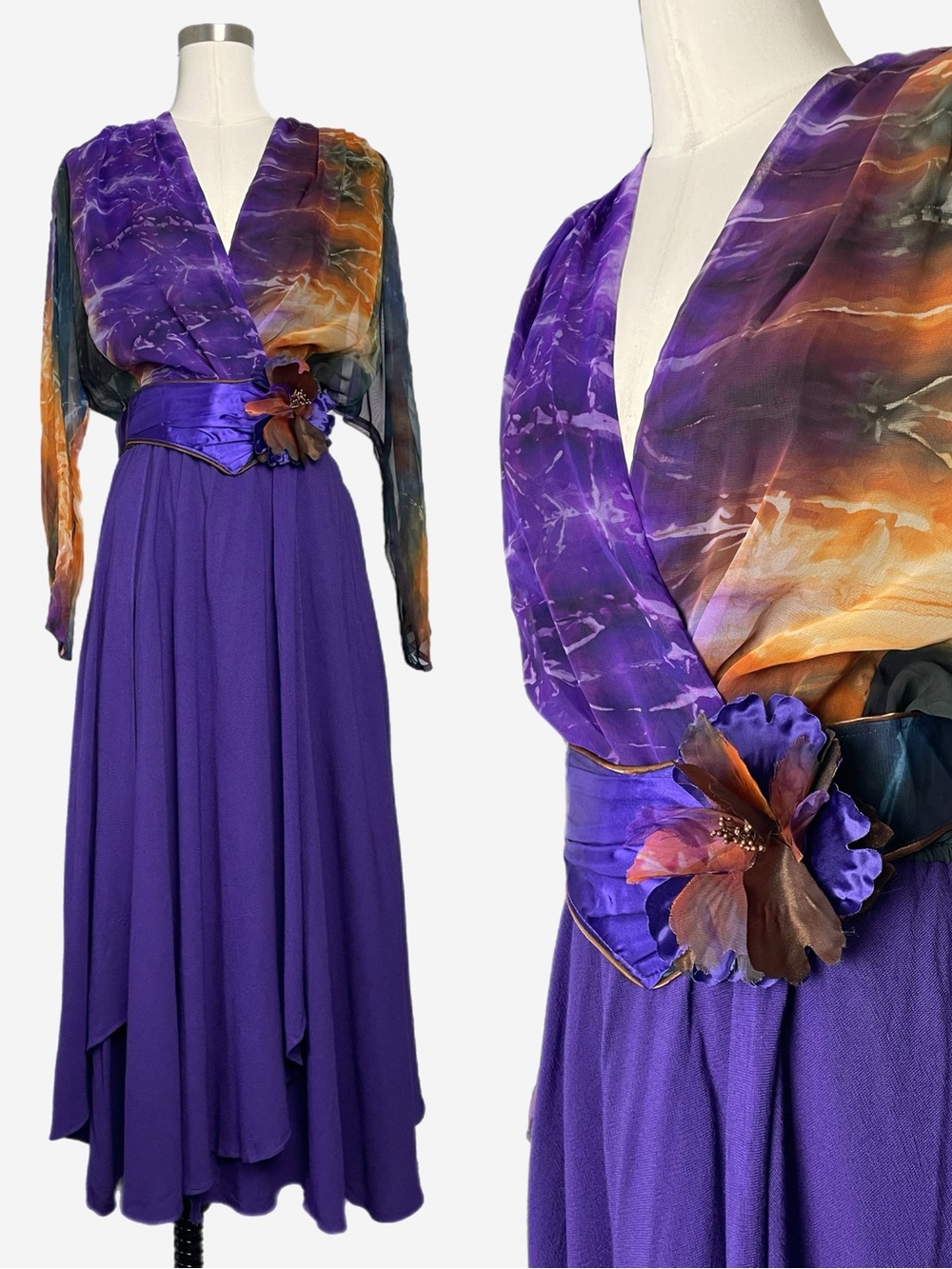 Vintage 90s Spencer Alexis purple abstract floral belted layered dress retro S/M